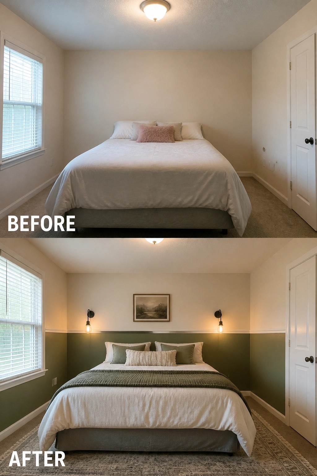 Before-and-after image of a plain bedroom updated with green painted lower walls, white trim, wall sconces, and a patterned rug.