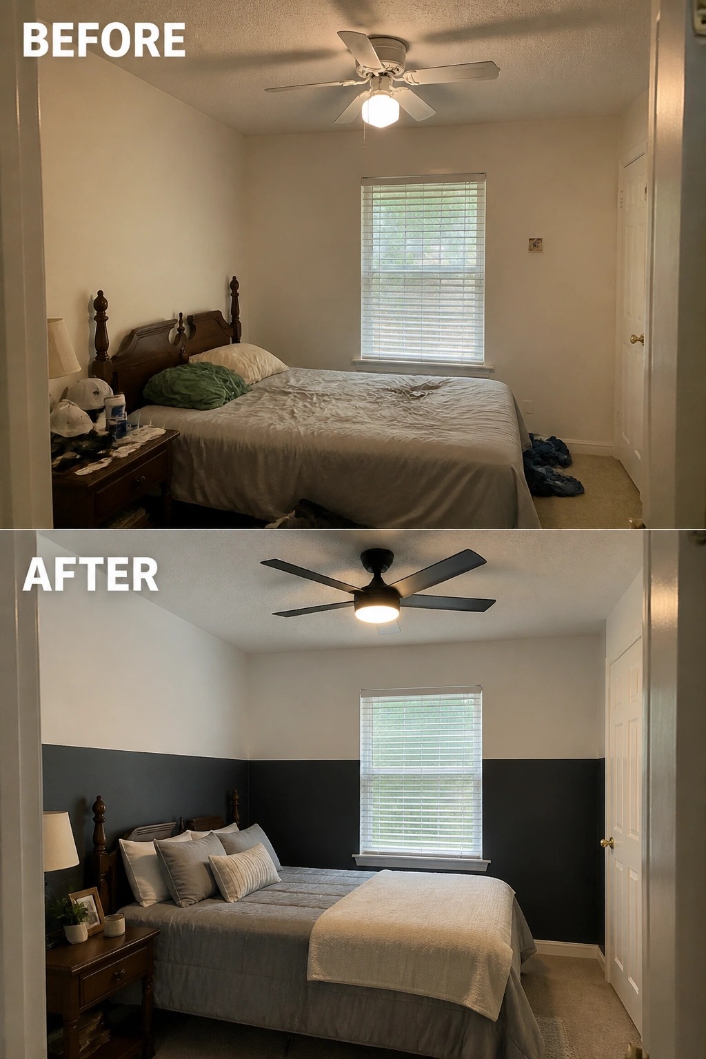 Before-and-after image of a bedroom with plain walls and an old ceiling fan changed to a two-tone painted wall and a modern black ceiling fan.