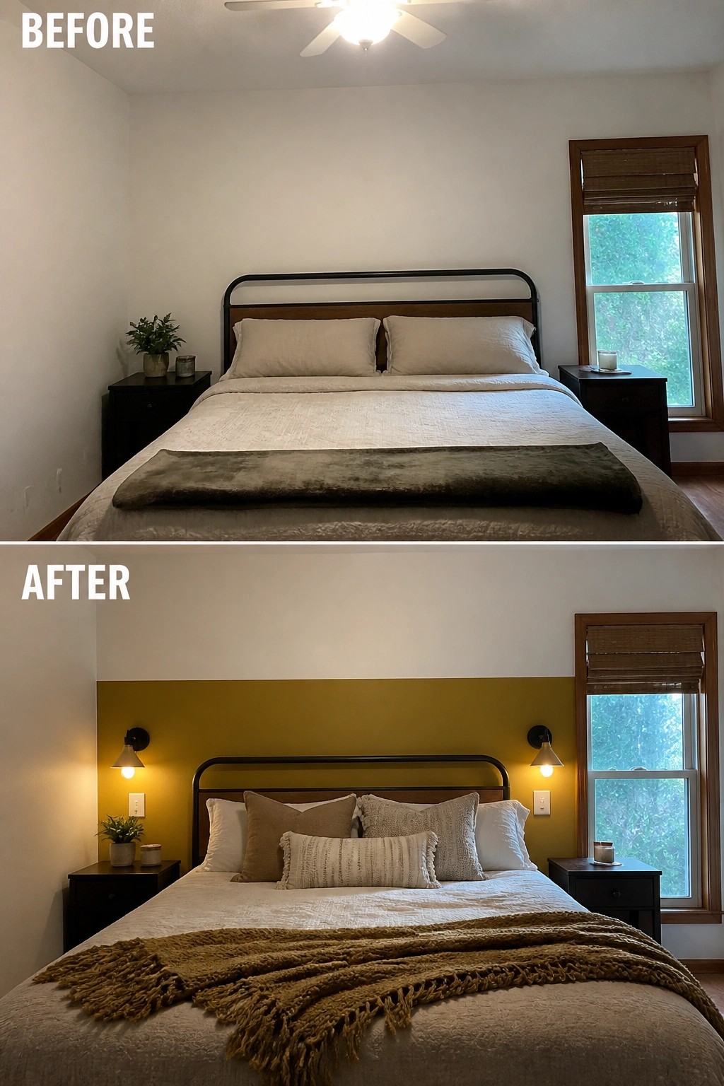 Before-and-after image of a bedroom with plain white walls updated by adding a yellow accent wall behind the bed and installing wall sconces.