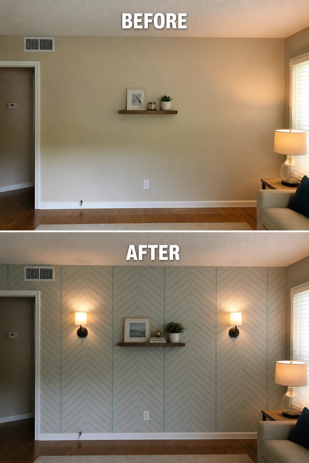 Before-and-after image of a plain living room wall updated with a painted herringbone pattern and wall sconces.