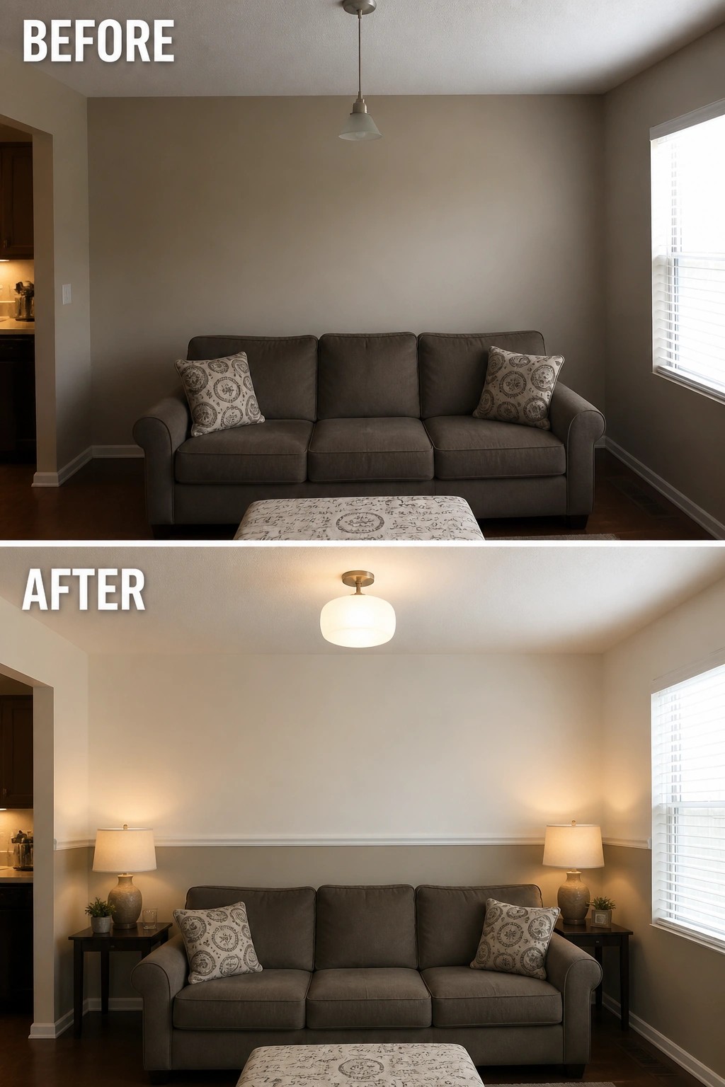 Before and after of living room with brown sofa, ottoman, and new lighting