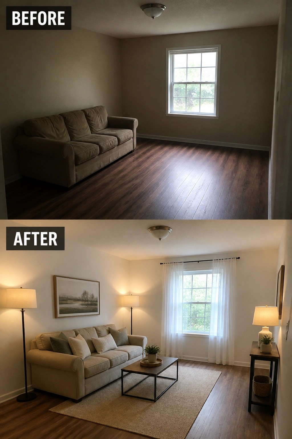 Before and after of living room with added sofa, lamps, rug, and decor.