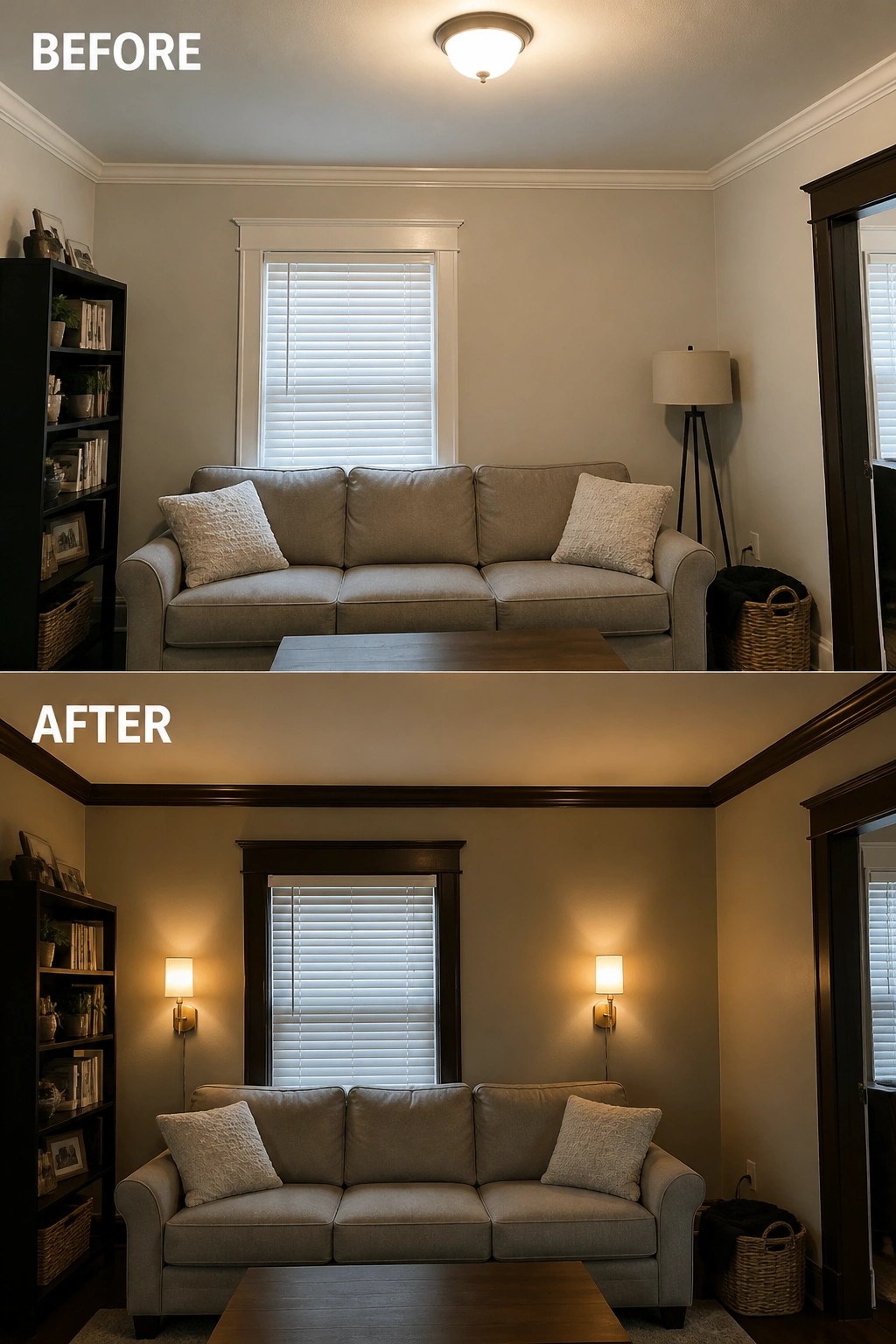 Before-and-after image of a living room updated with wall sconces and dark window trim to improve lighting.
