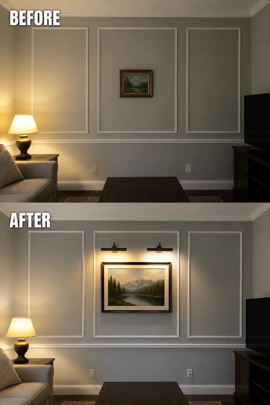 Living room wall before and after replacing small painting with larger lit landscape art