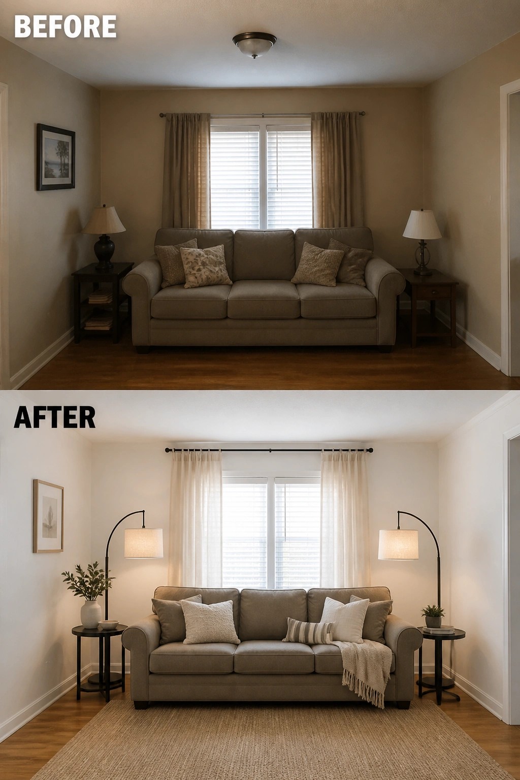 Before and after living room with gray sofa, lamps, rug, and updated decor