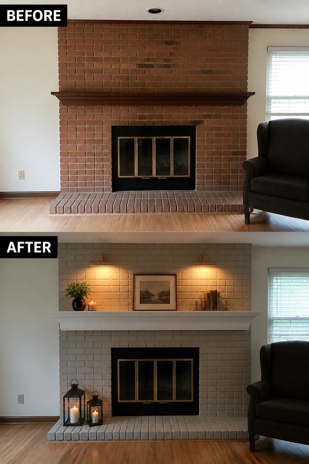 Before and after of red brick fireplace painted white with added decor and sconces