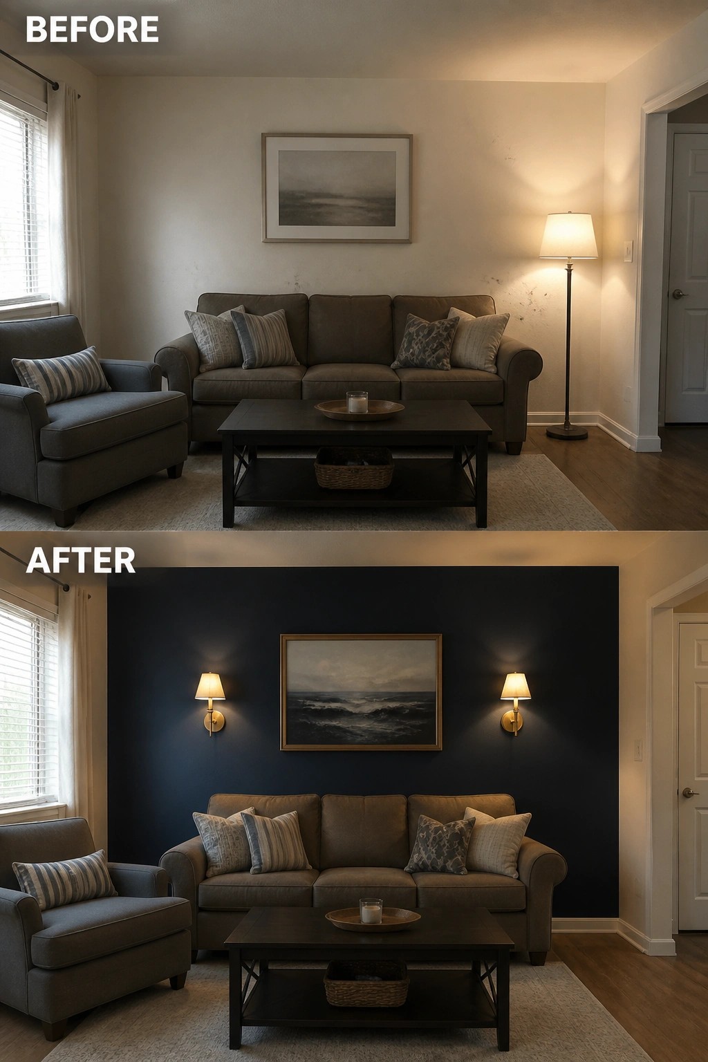 Before-and-after living room with beige walls versus navy accent wall and sconces.