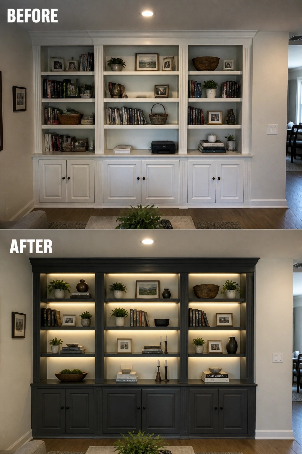 Before-and-after image of white built-in bookshelves updated to dark gray with added interior lighting.