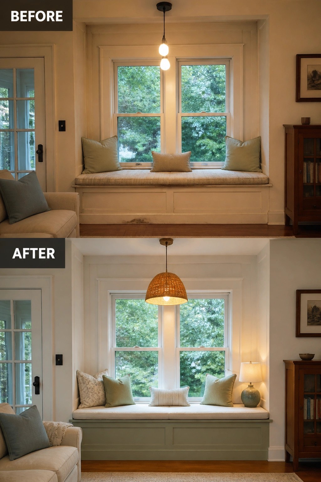 Before and after of renovated window seat with green paint, woven pendant, and new pillows