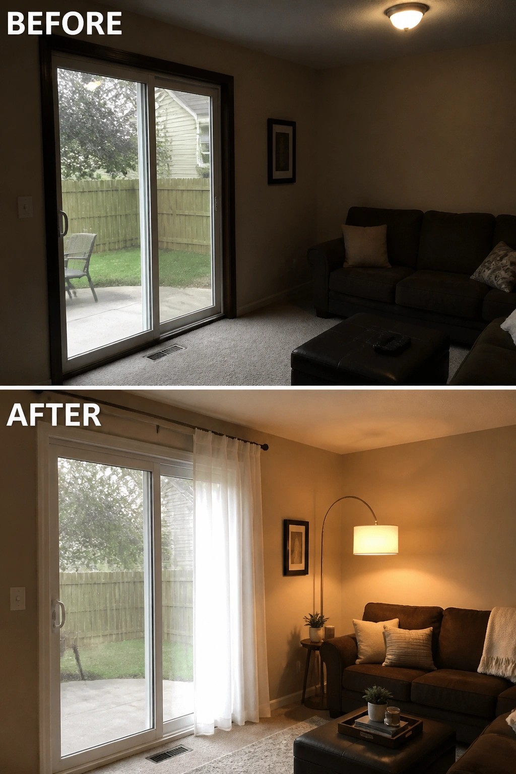 Before and after living room with new curtains, lamp, and brighter decor.