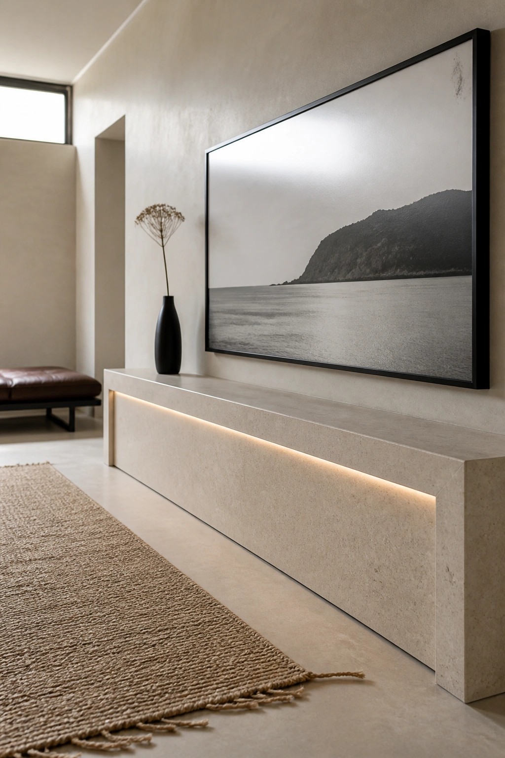 A minimalist interior shows a large black-framed landscape artwork mounted above a long floating concrete console with warm LED lighting underneath, a black vase with dried flowers on top, and a woven rug on the floor.