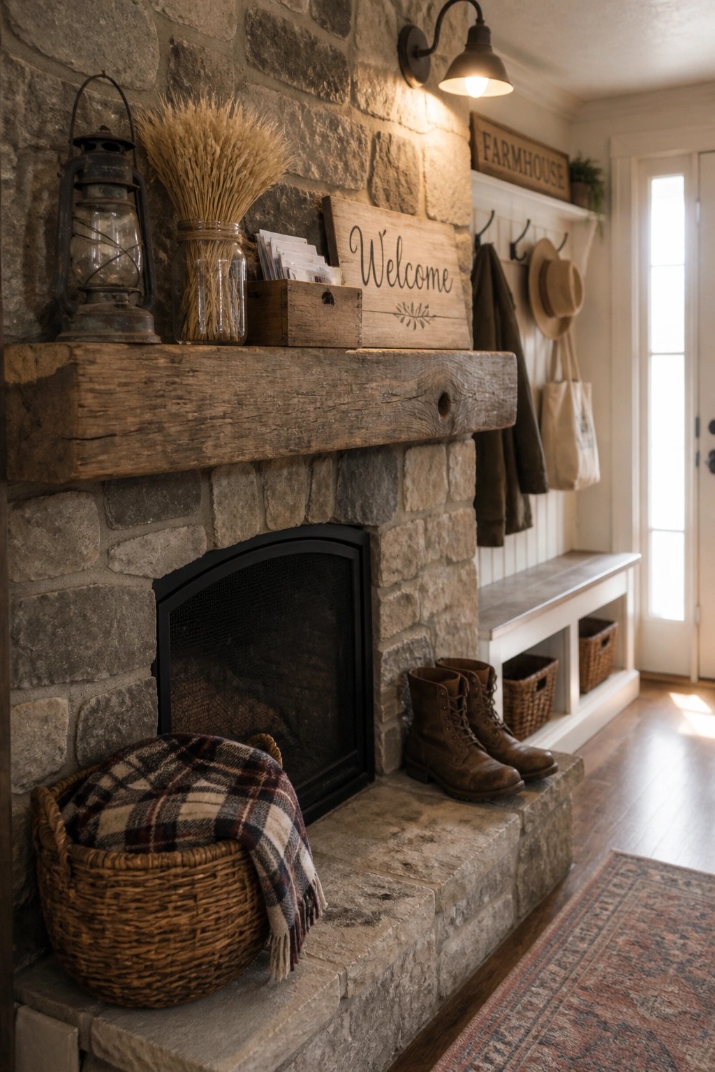 A rustic stone fireplace with a thick wooden mantel decorated with a metal lantern, a glass jar of dried wheat, a small wooden crate, and a welcome sign.