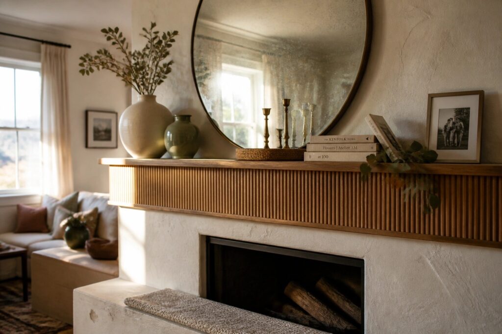 21 Charming Fireplace Mantel Decor Ideas for Layered Displays Without Clutter A stone fireplace with a fluted wooden mantel holding two vases, brass candlesticks, stacked books, and a framed photo, with a round mirror above.