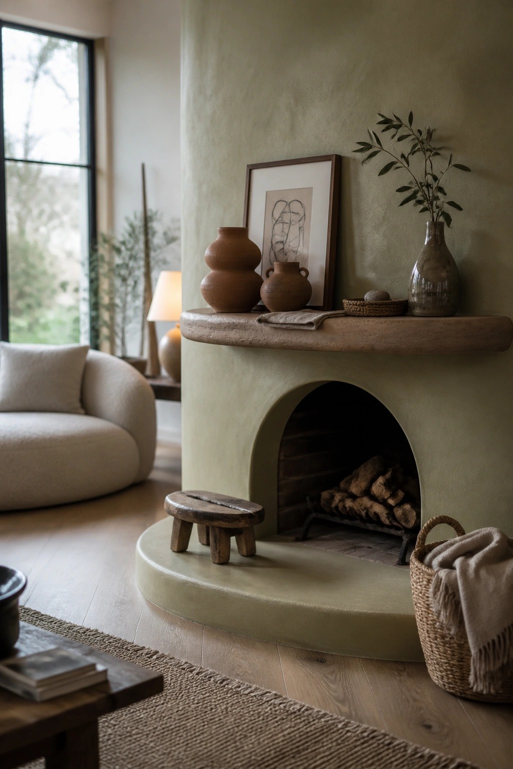 A sage green plaster fireplace with a thick wooden mantel displaying terracotta pottery, a framed sketch, and a ceramic vase with branches, in a room with wood floors and a round sofa.