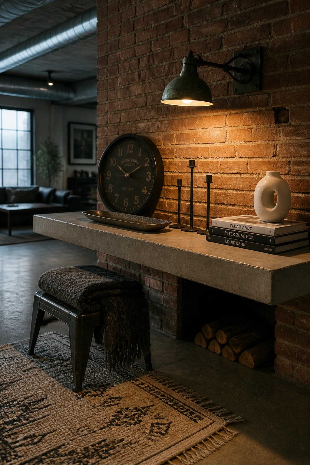 A long concrete mantel on a brick fireplace holds a round clock, black candle holders, stacked books, and a white vase, with a wall lamp above and firewood stored below.