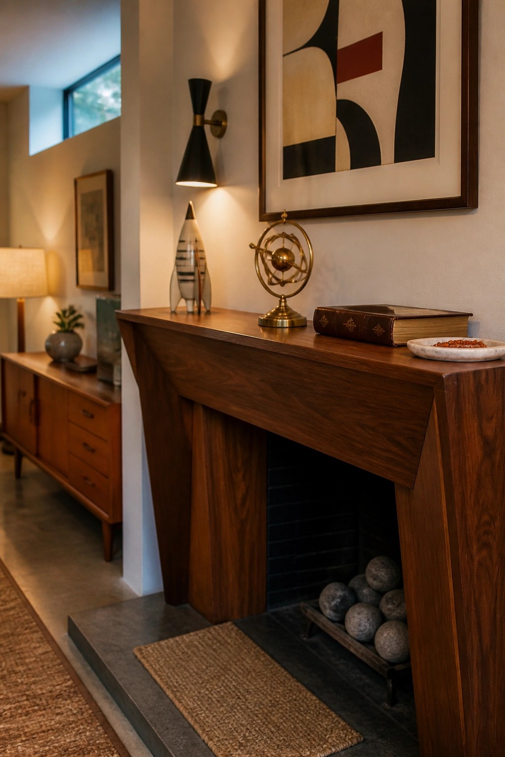 A wooden fireplace mantel holds a few decorative objects including a book, an armillary sphere, and a model rocket, with a black wall sconce mounted above.
