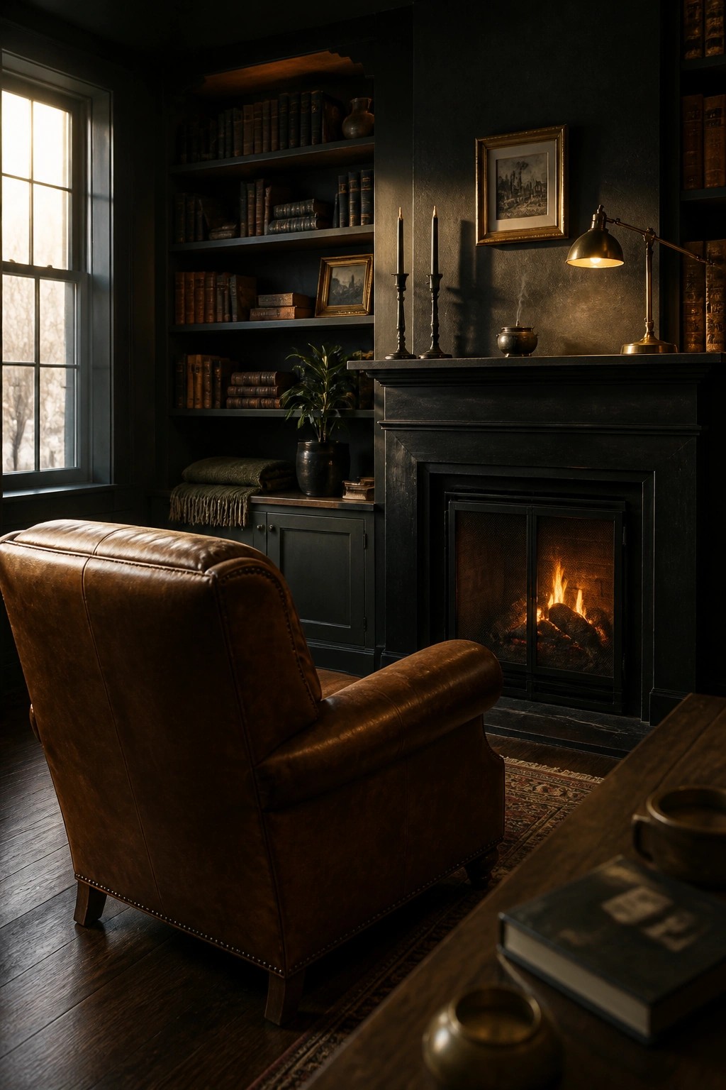 A dark fireplace mantel with two black candlesticks, a small gold framed picture, a brass lamp, and a metal pot, beside built-in bookshelves and a brown leather chair.