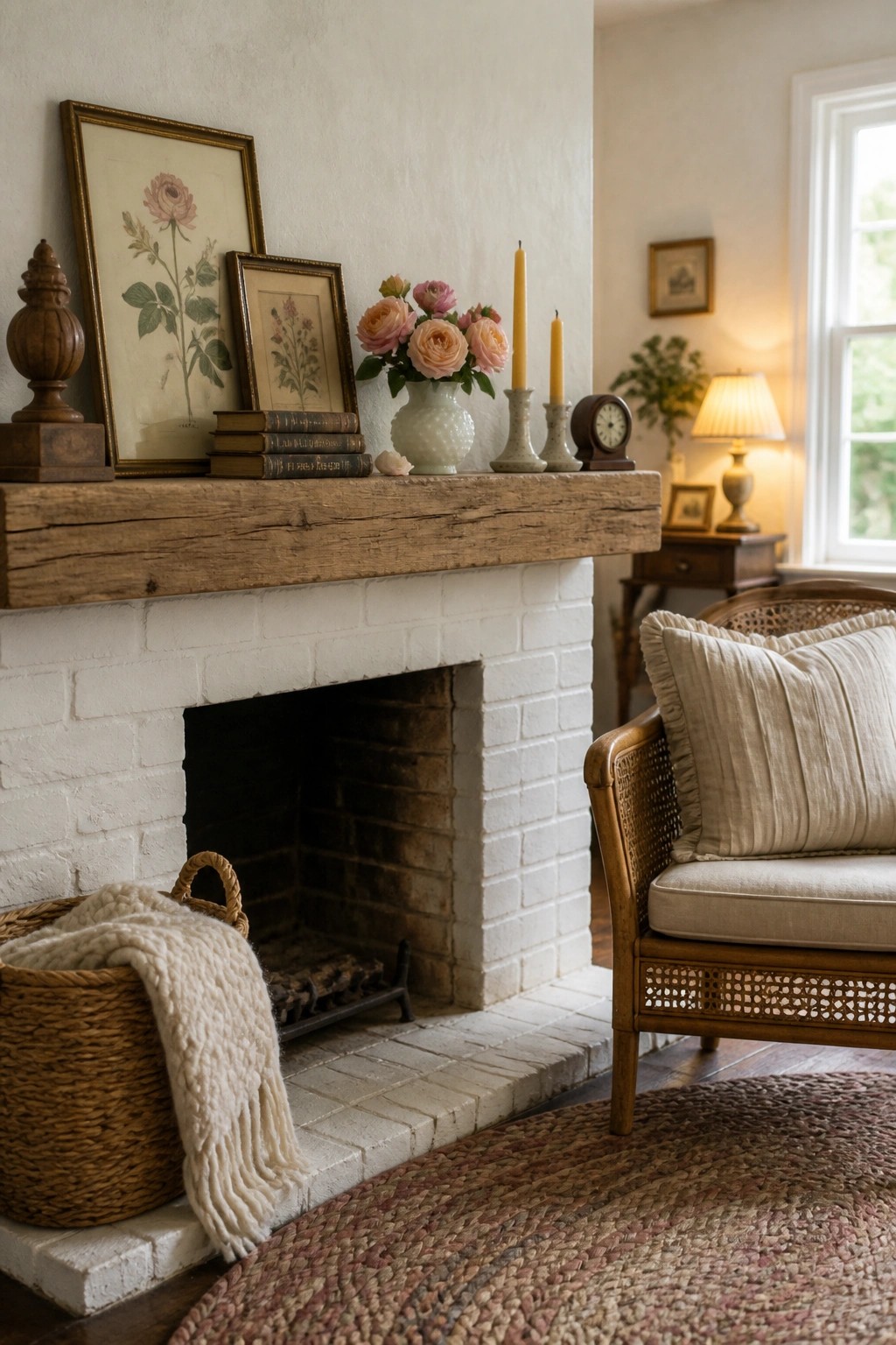 A rustic wooden mantel on a white brick fireplace holds stacked books, two framed botanical prints, a white vase of pink roses, and two tall candles.