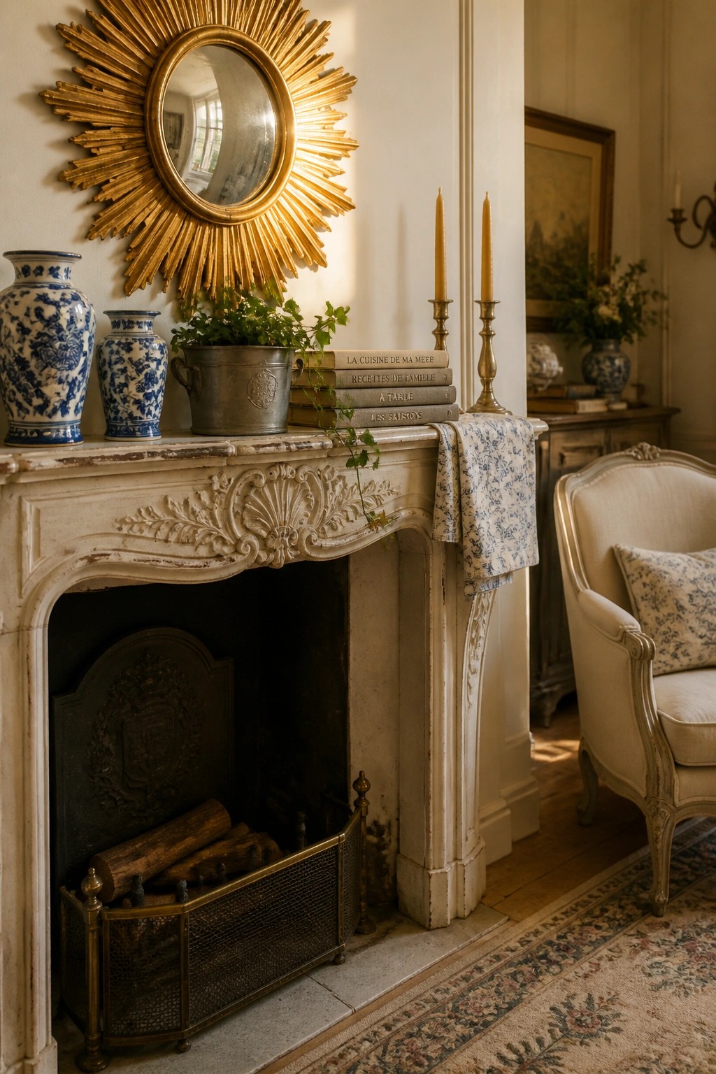 Ornate white fireplace with blue vases, gold sunburst mirror, and vintage books.