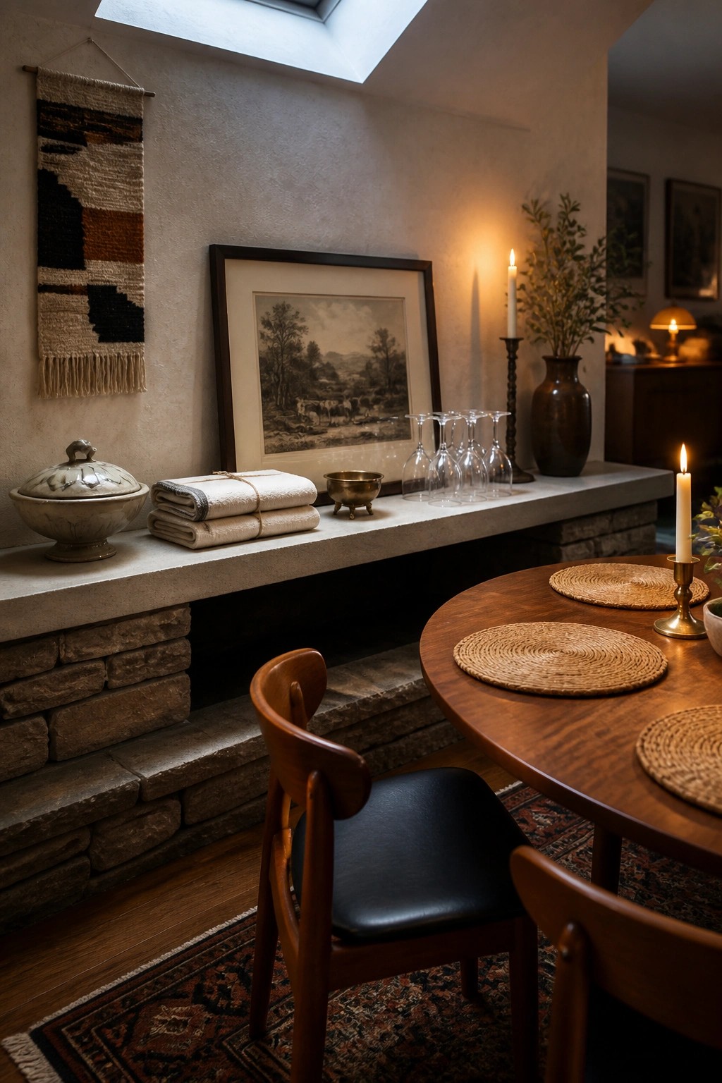 Rustic dining table with woven placemats and candles beside stone ledge with art and textiles.