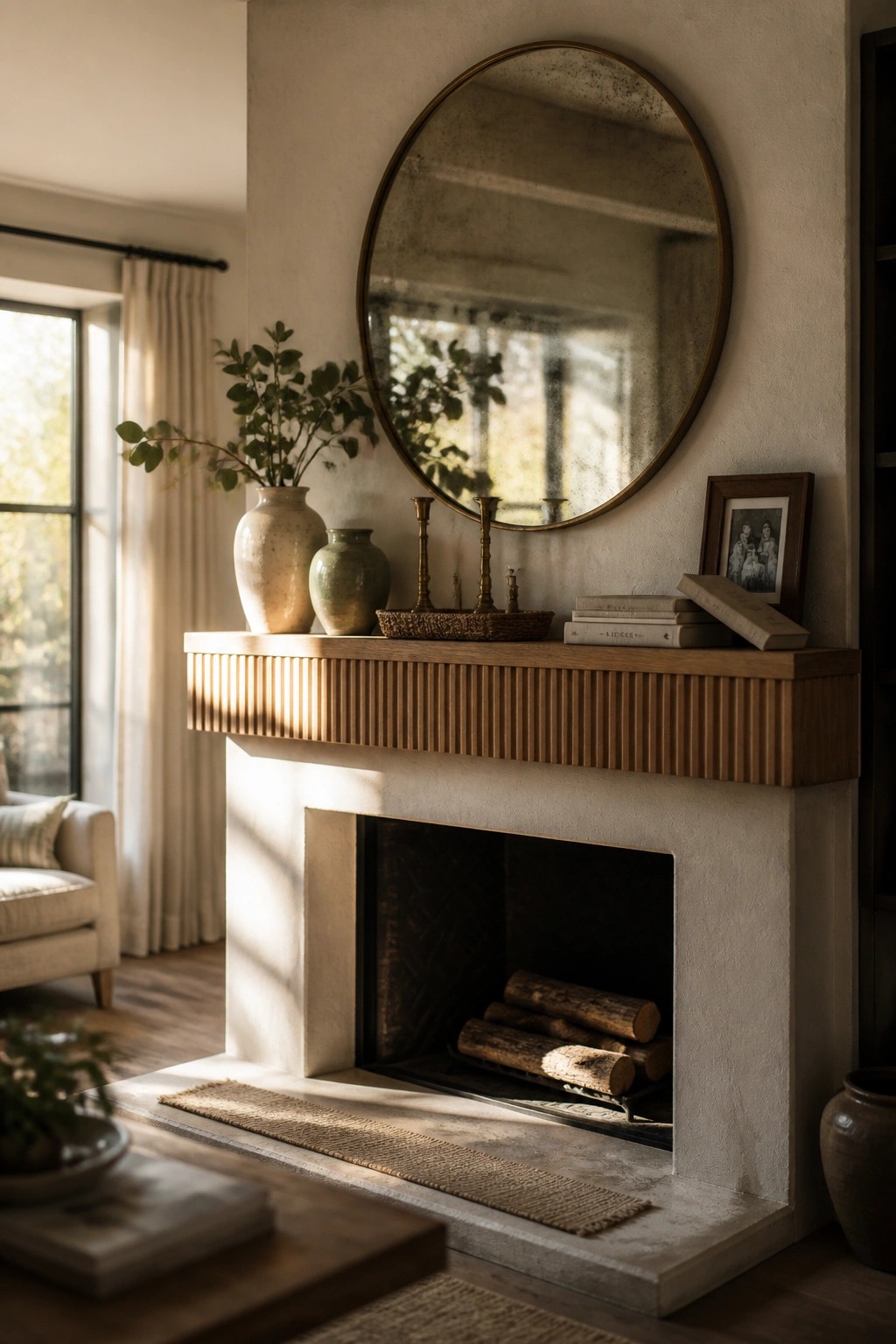 A stone fireplace with a fluted wooden mantel holding two vases, brass candlesticks, stacked books, and a framed photo, with a round mirror above.