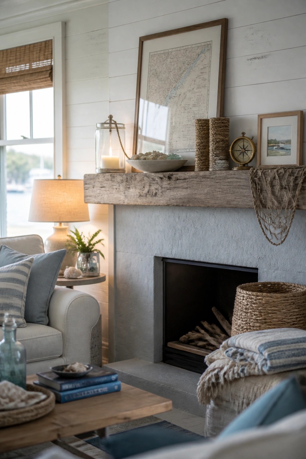 Coastal living room with stone fireplace, wooden mantel, map, lantern, and blue accents.