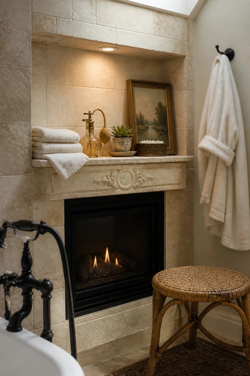 A bathroom fireplace mantel holds folded white towels, a glass soap dispenser, a small potted plant, and a framed painting above the firebox, with a wicker stool nearby.