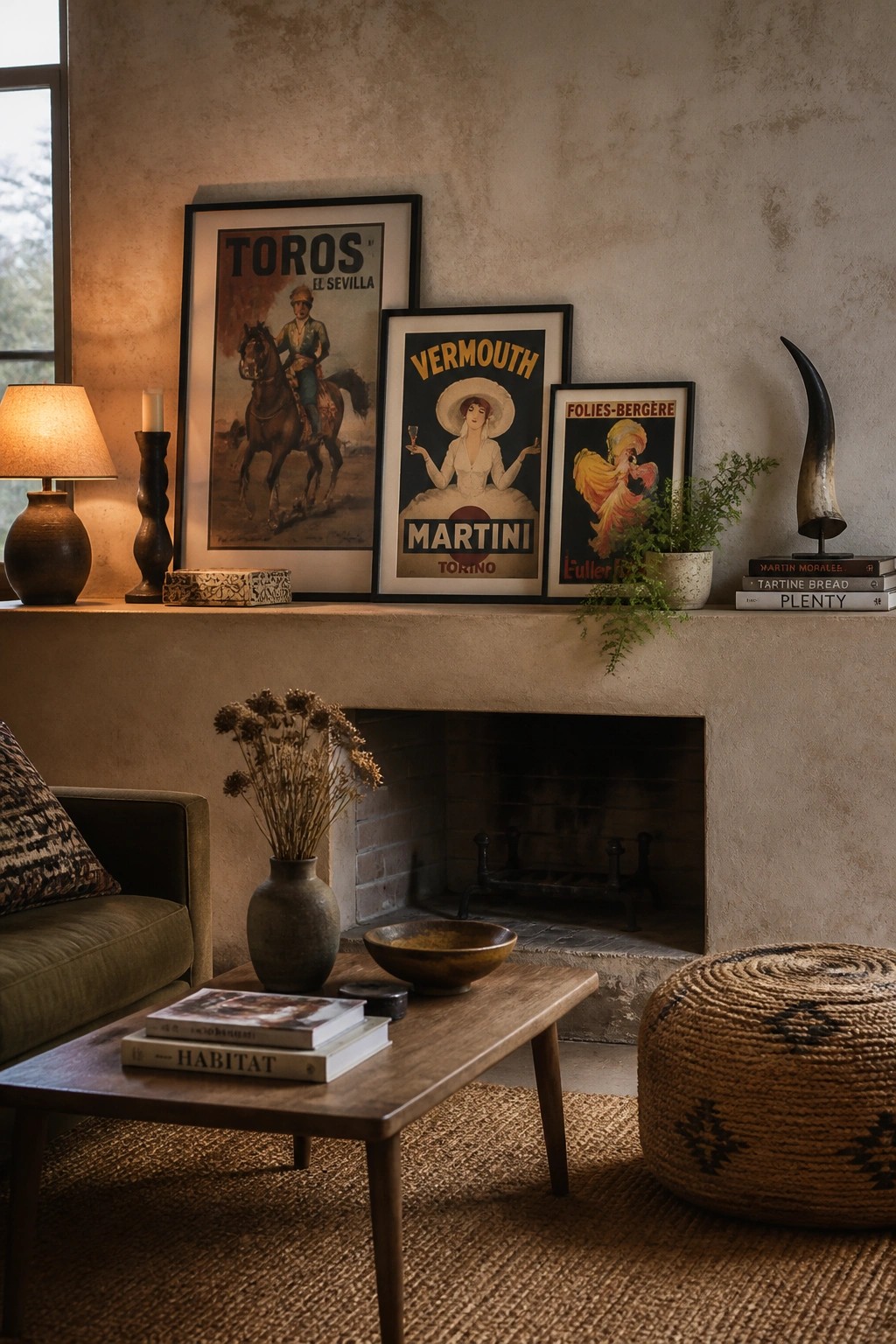 A stone fireplace mantel holds three framed vintage posters of varying sizes, a table lamp, a potted fern, and a stack of books.