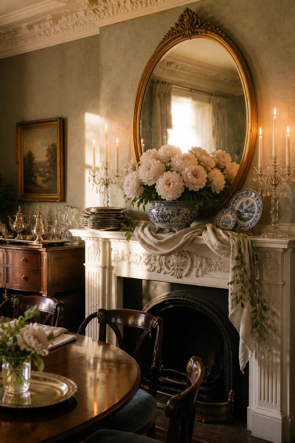 A white fireplace mantel topped with a blue and white bowl of pink peonies, lit candelabras, and blue patterned plates beside an ornate gold mirror.