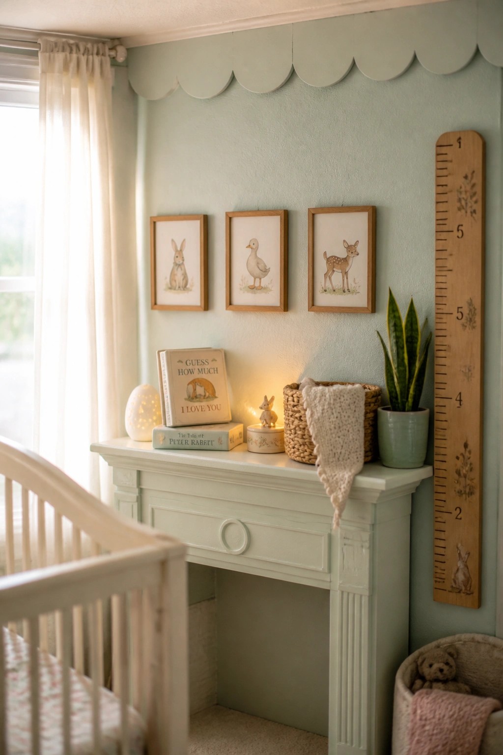 A light green nursery fireplace mantel holds stacked children's books, a glowing lamp, a small basket, and a potted plant, with three framed animal prints above.