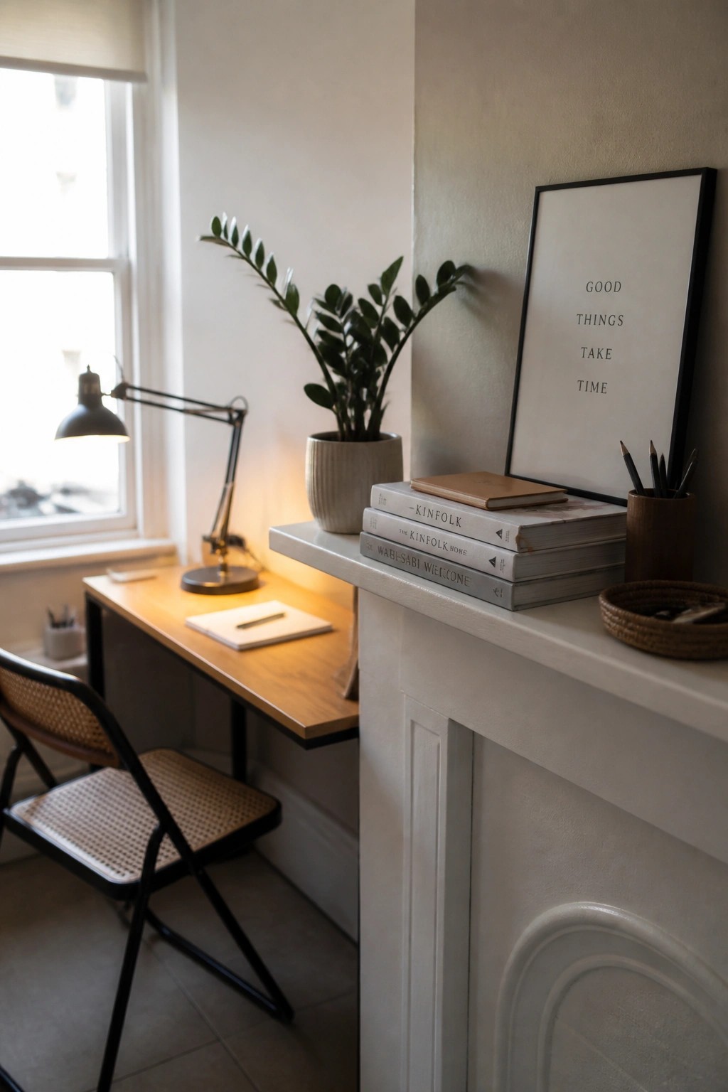A white fireplace mantel holds a stack of books, a framed print with text, a potted plant, and a wooden pencil holder, with a desk and lamp visible to the left.