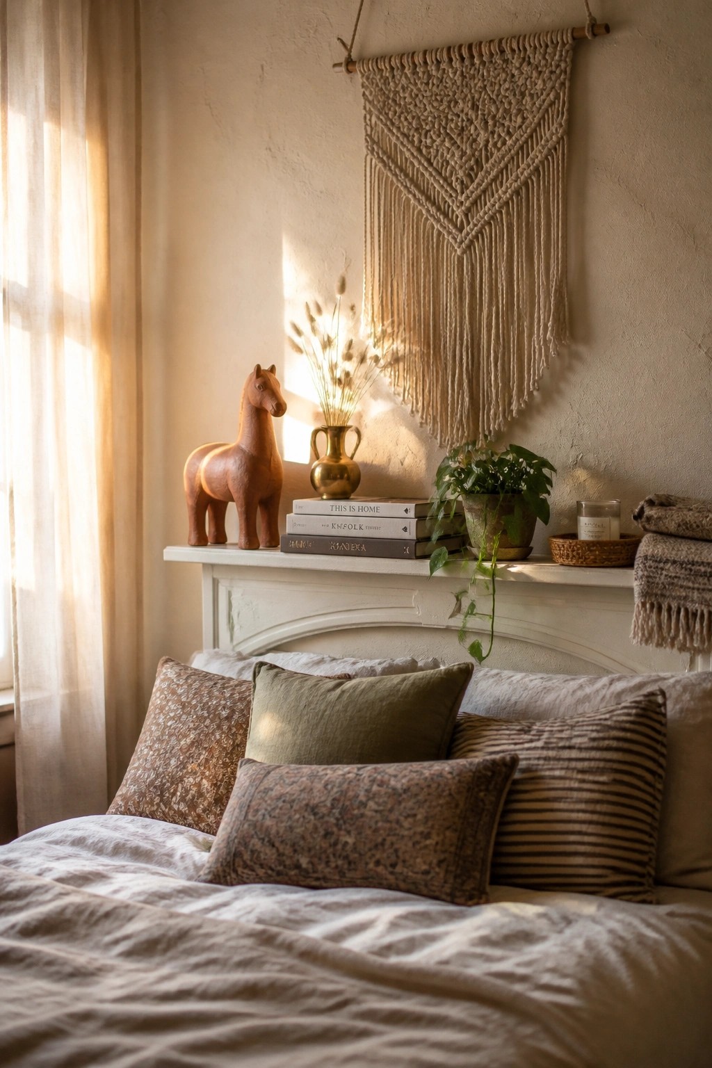 A white fireplace mantel holds stacked books, a wooden horse figurine, a brass vase with dried flowers, and a potted plant, with a macrame wall hanging above and a bed with pillows below.