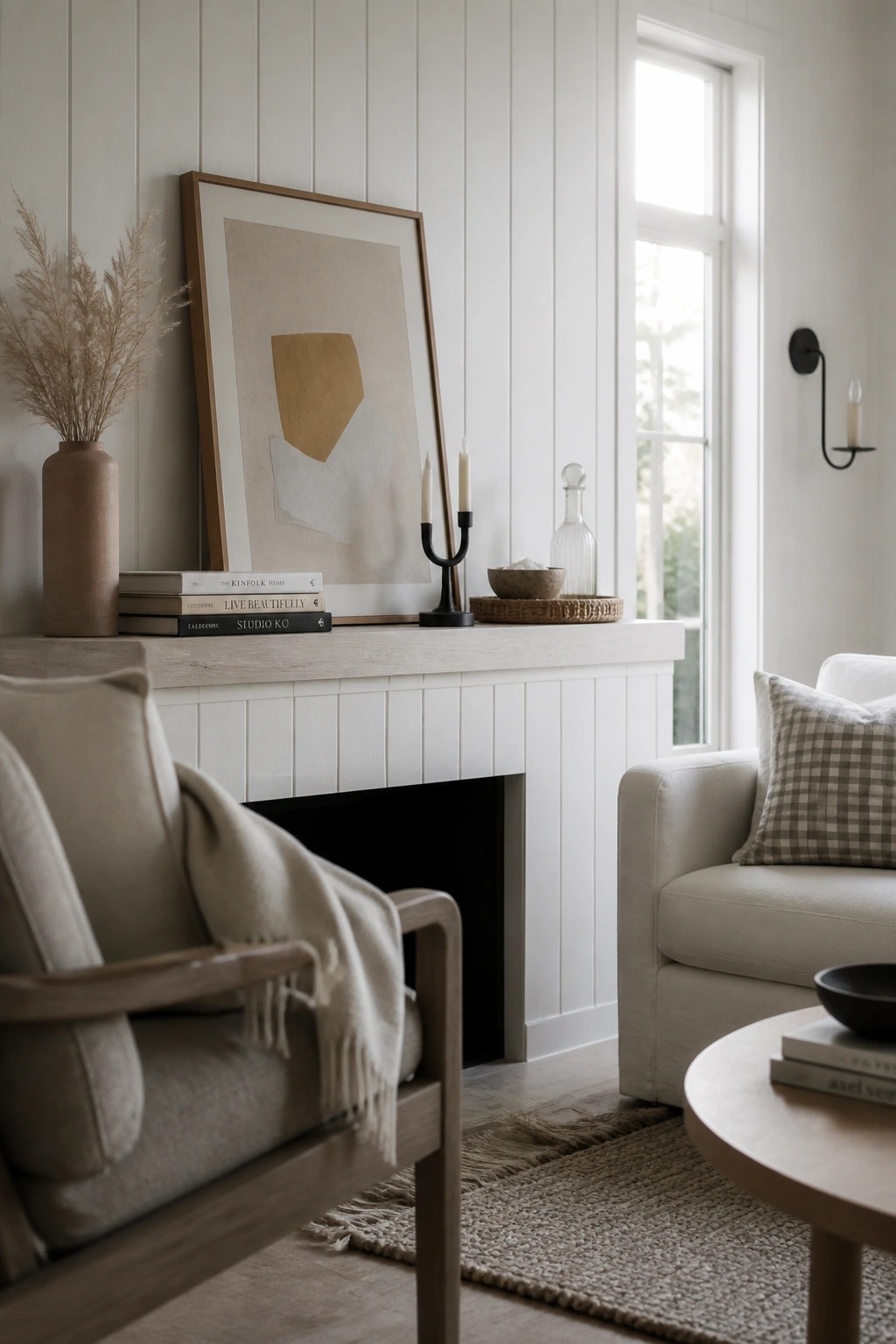A white fireplace mantel holds a stack of books, a framed abstract print leaning against the wall, a brown vase with dried grass, two taper candles, and a small glass bottle.