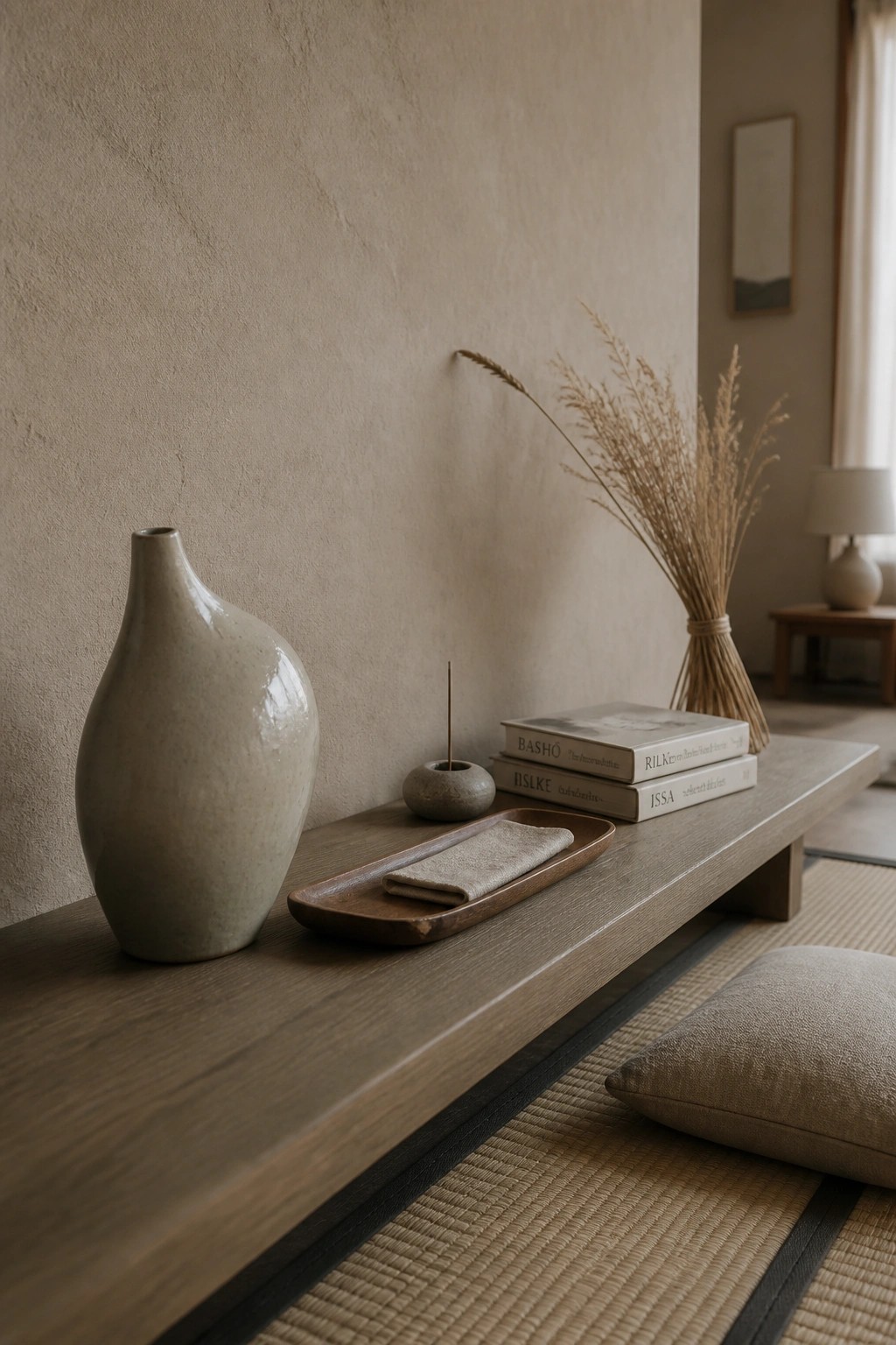 A minimalist interior scene shows a low wooden bench against a textured beige wall, holding a ceramic vase, a small incense holder, stacked books, a wooden tray with folded cloth, and dried grass arranged at one end, with tatami mats visible below.