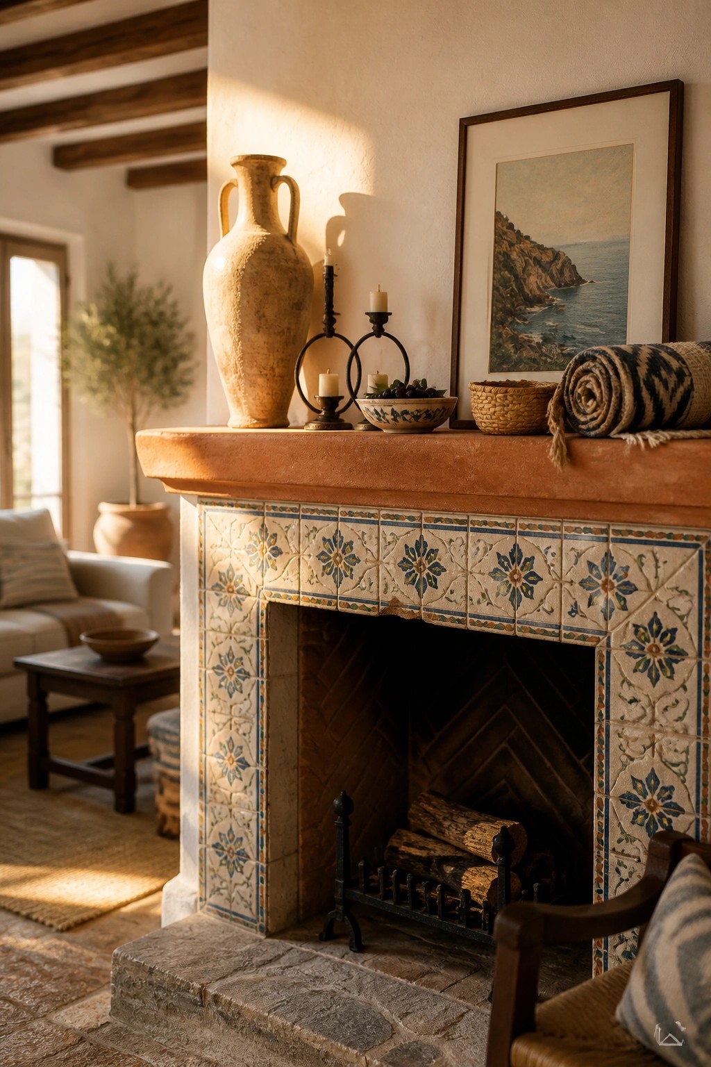 A terracotta fireplace mantel displays a large clay vase, several black candlesticks with lit candles, a patterned bowl, a woven basket, and a framed landscape painting above the opening.