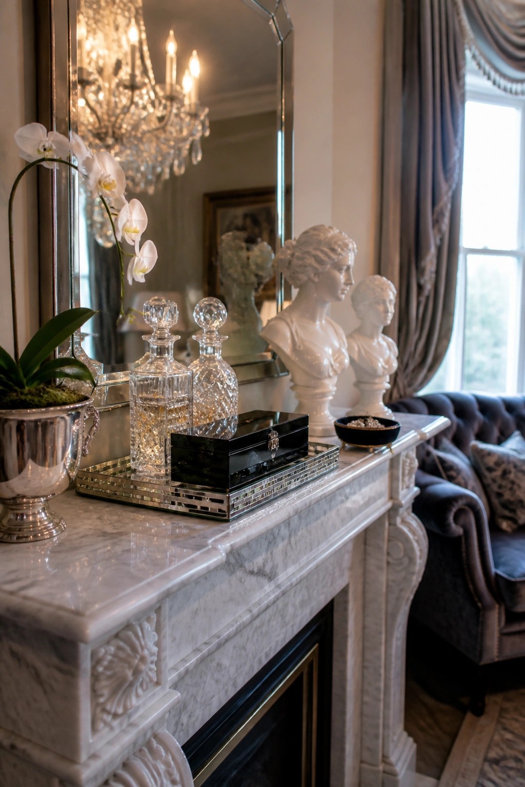 A white marble fireplace mantel holds a mirrored tray with two crystal decanters and a black box, next to white classical busts and a potted white orchid.