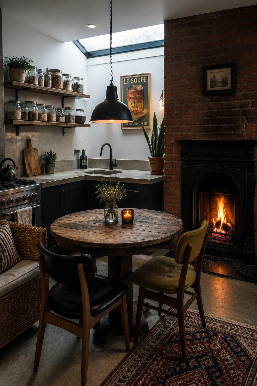 A kitchen with a brick fireplace, round wooden dining table, and dark cabinetry under a skylight.