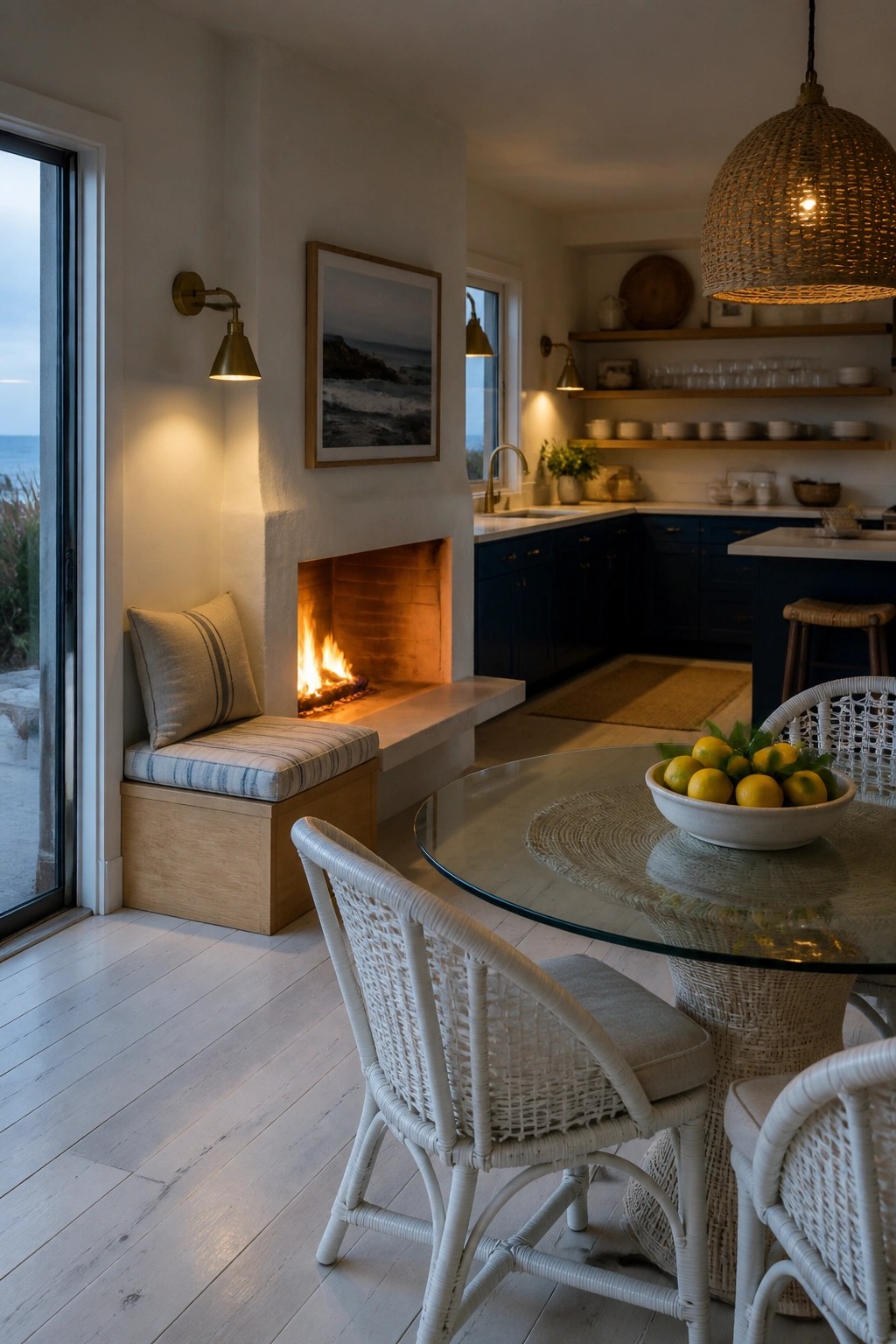 A kitchen interior with a lit fireplace, built-in bench seating with striped cushions, a round glass dining table, and white woven chairs.