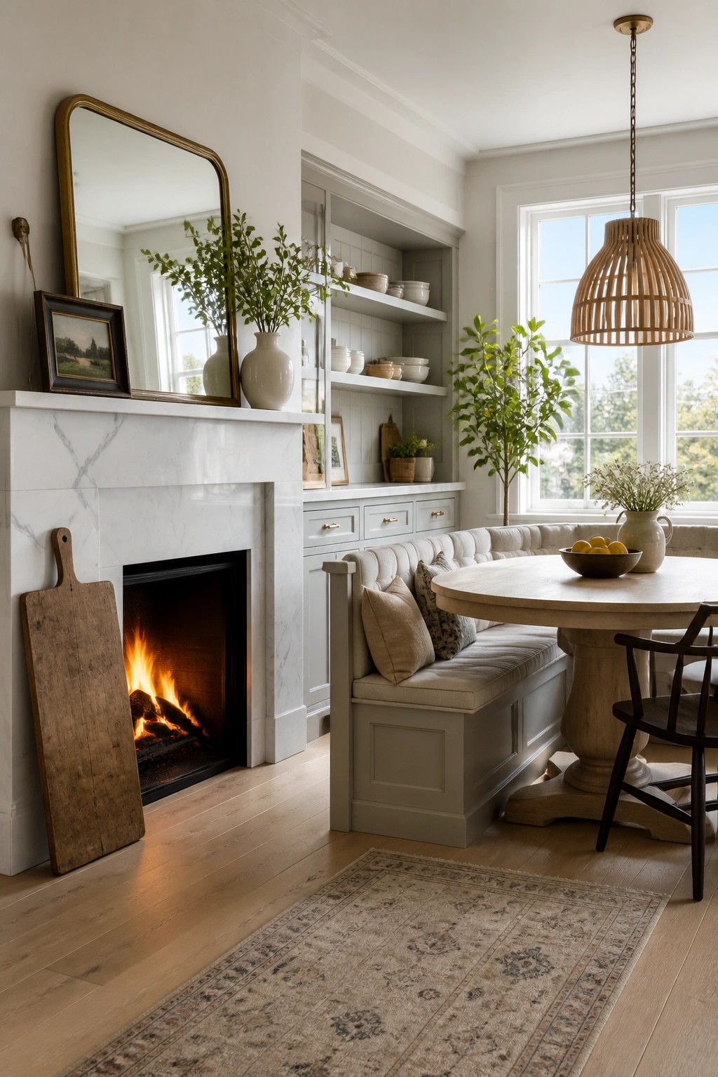 Cozy nook with marble fireplace, built-in bench, round table, and woven pendant light.