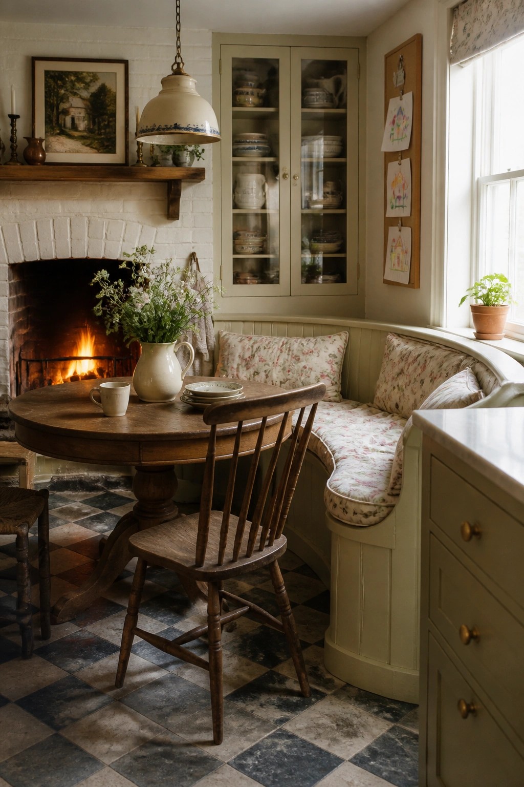 A kitchen corner showing a lit brick fireplace, round wooden dining table with a pitcher of flowers, one wooden chair, and a curved built-in bench with floral cushions.