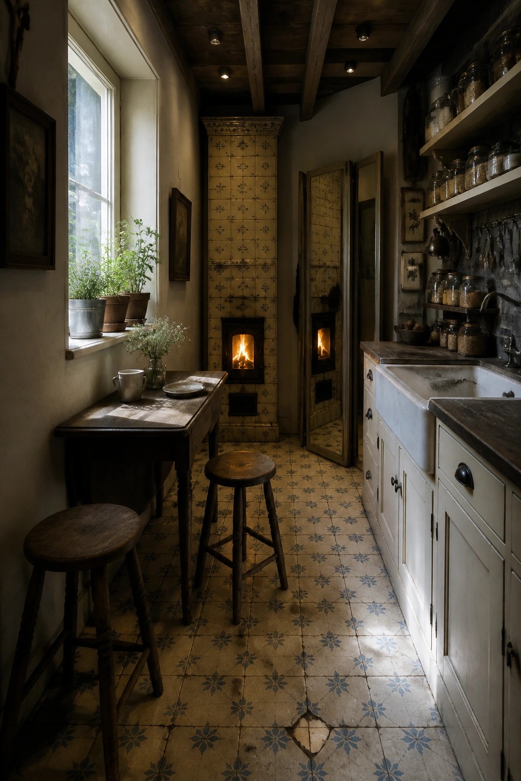 A narrow kitchen interior with a tall tiled fireplace, wooden table and two stools in front, white cabinets and sink on the right, and a window with plants on the left.