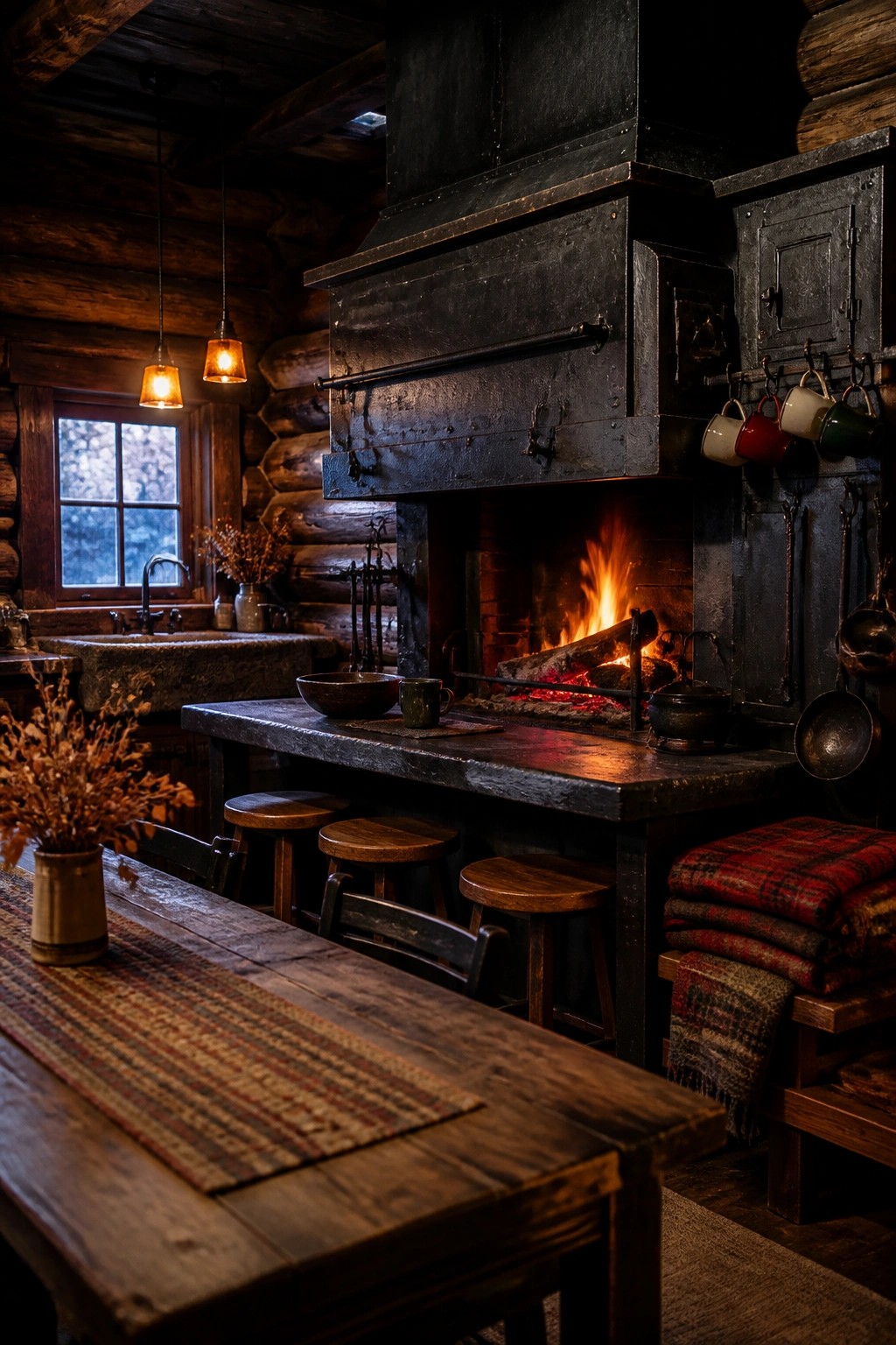 A rustic kitchen interior with a large black metal fireplace containing a burning fire, a long wooden dining table in the foreground, and wooden stools arranged around a dark countertop island.