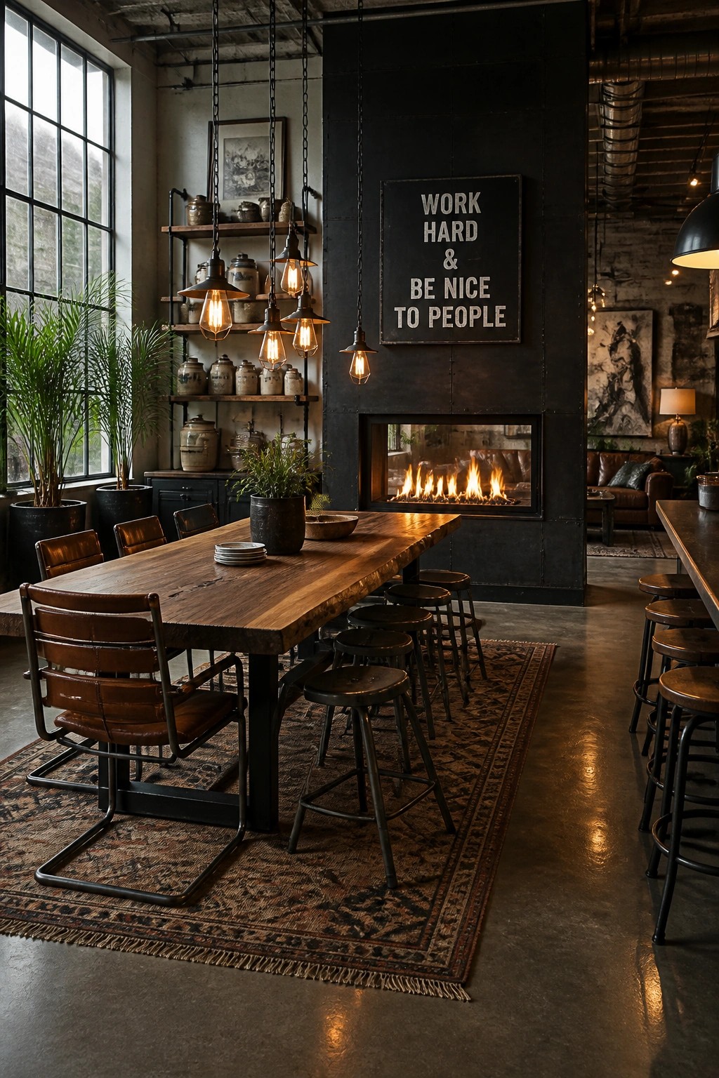 A long wooden dining table with brown leather chairs and black metal stools sits in front of a black fireplace with visible flames in an industrial interior.