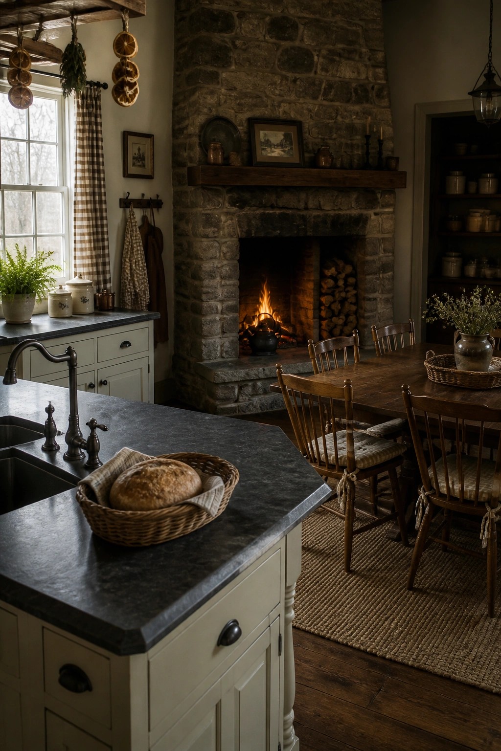 A rustic kitchen interior showing a large stone fireplace with a lit fire, a wooden dining table with chairs placed directly in front of it, and a dark countertop with a basket of bread in the foreground.