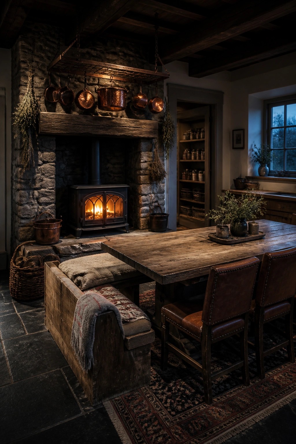A rustic interior showing a stone fireplace with a lit wood stove, a long wooden dining table with leather chairs positioned nearby, and copper cookware hanging from a rack above the mantel.