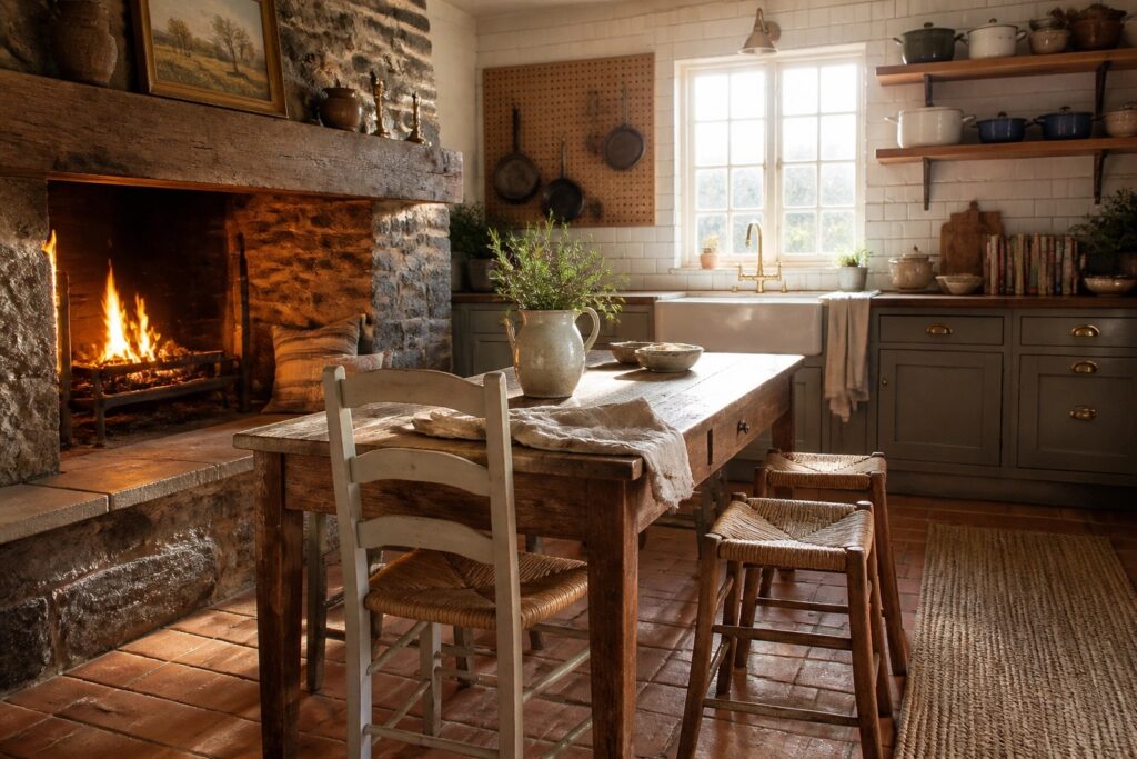 A rustic kitchen interior shows a wooden dining table set in front of a stone fireplace with a lit fire, accompanied by woven chairs and stools on a red tile floor.