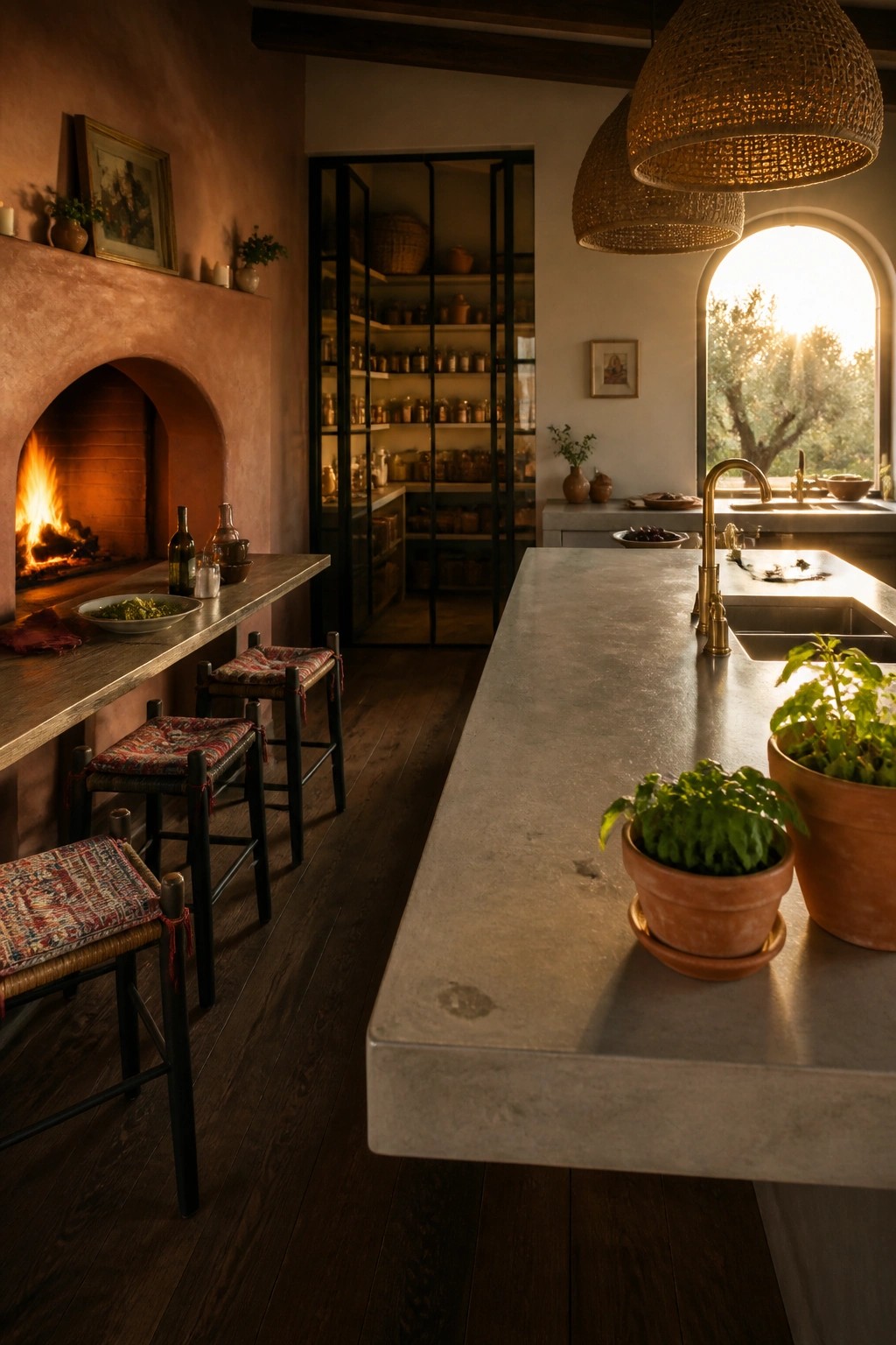 A kitchen interior with an arched brick fireplace, a long counter lined with woven stools, a large concrete island with potted herbs, and woven pendant lights above.