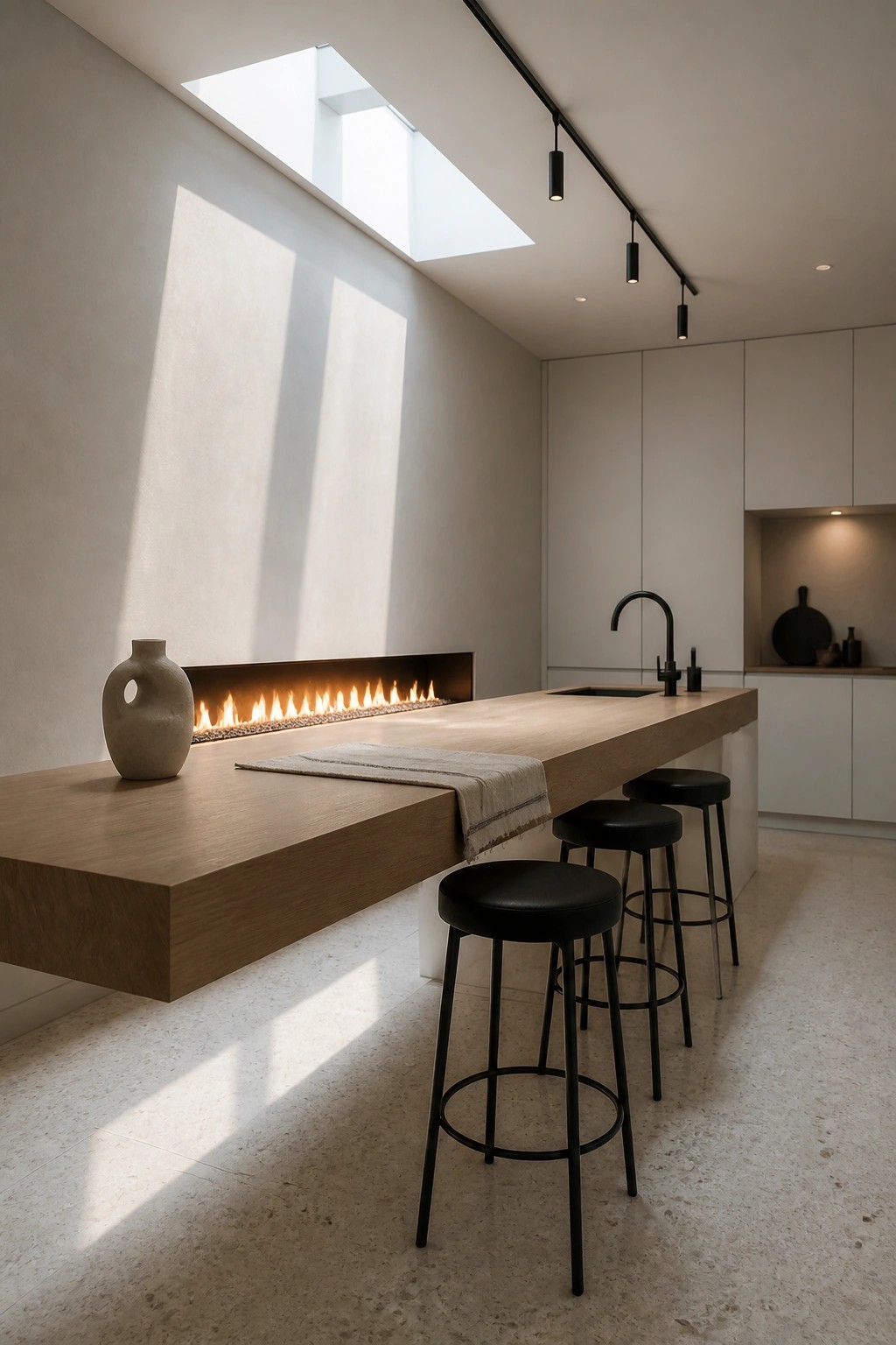 A modern kitchen with a long floating wooden island that includes a built-in linear fireplace, black stools along one side, and a large skylight above.