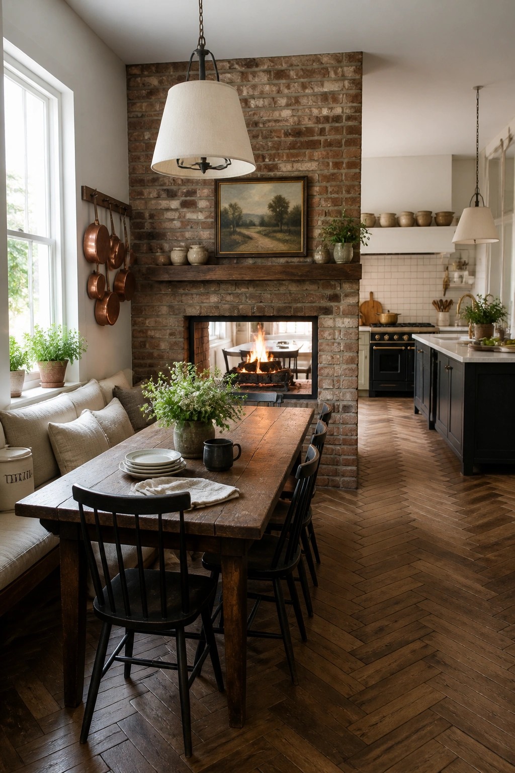 A rustic brick fireplace with a wooden mantel holds a landscape painting above a long dining table set with plates and a vase of greenery in a kitchen with dark cabinets and herringbone wood flooring.