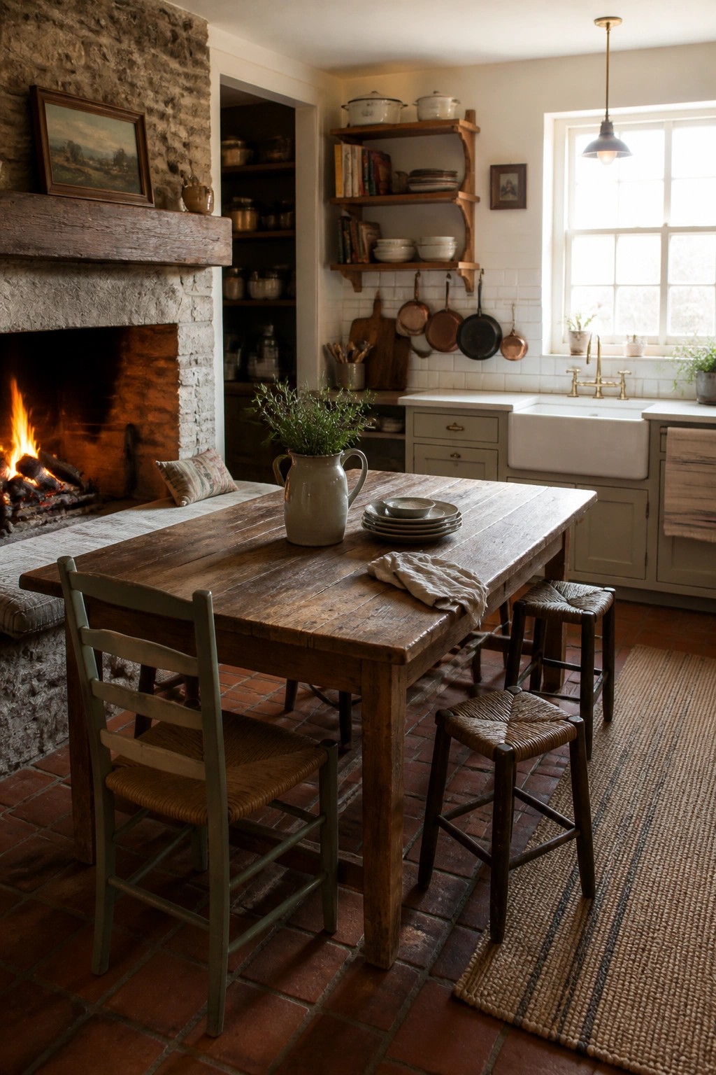 A rustic kitchen interior shows a wooden dining table set in front of a stone fireplace with a lit fire, accompanied by woven chairs and stools on a red tile floor.